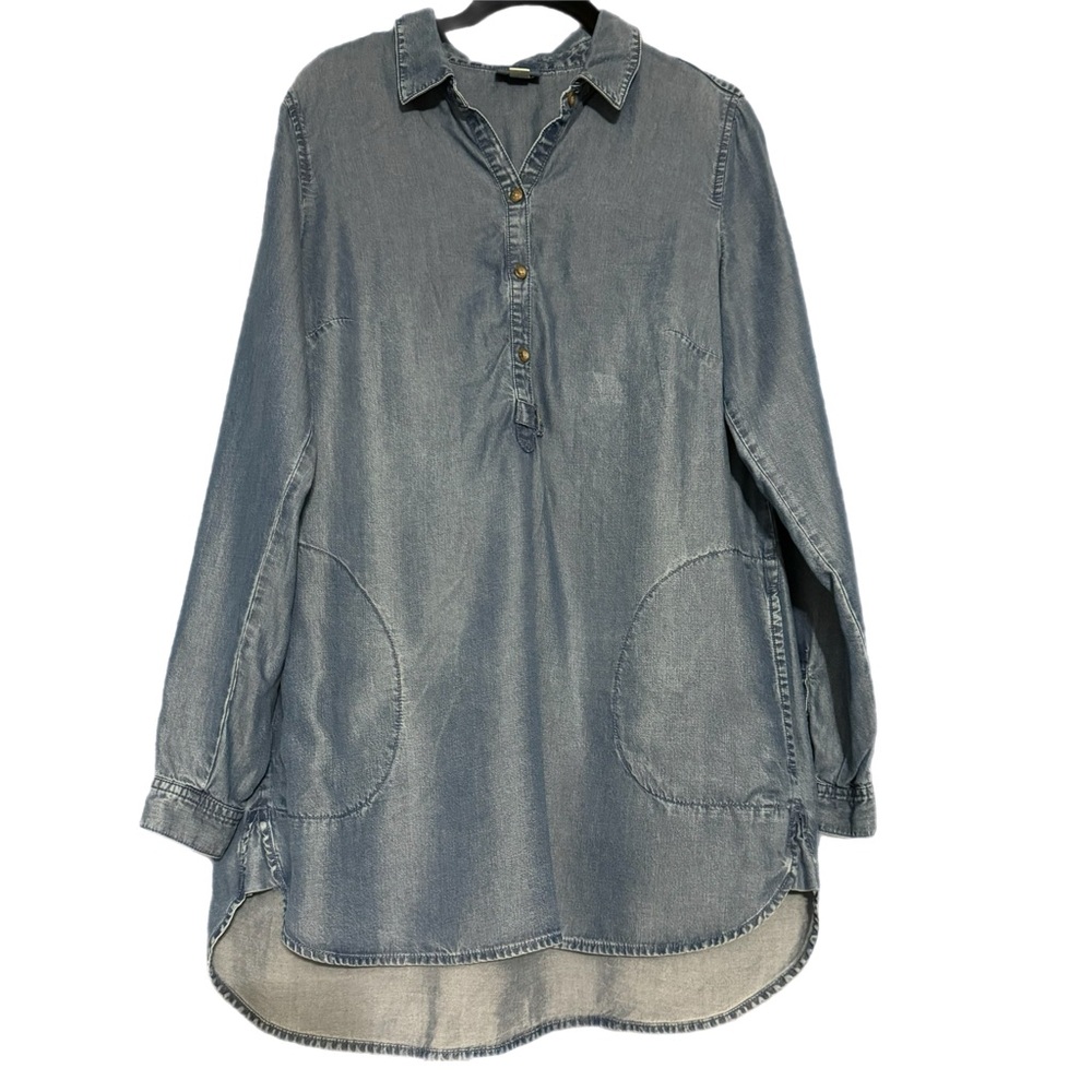 J. Jill Denim Dress Women Small Blue Chambray  Pintucked Roll Tab Sleeve Button